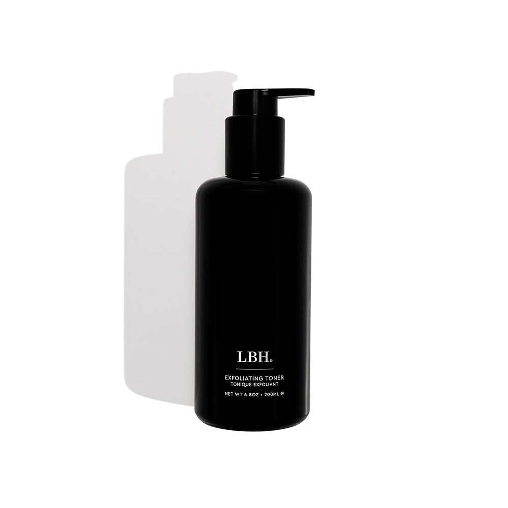 LBH Skincare Exfoliating Toner in black glass bottle with top pump