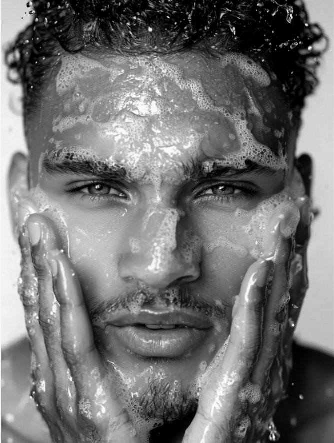Model cleansing face with LBH Skincare AHA Cleanser